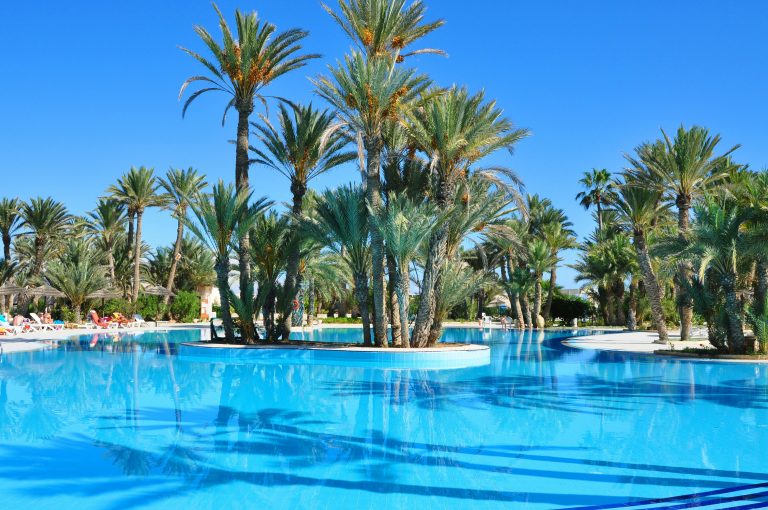 Serene palm-fringed pool at a lush tropical resort in Medenine, Tunisia. Хани Травел - летни аранжмани -Тунис